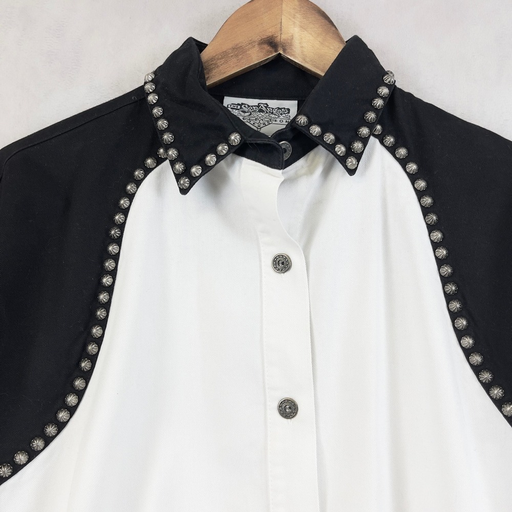 Vintage San Angelo Women Western Shirt M Black White Studded Cowgirl Rodeo Ranch - Picture 2 of 10